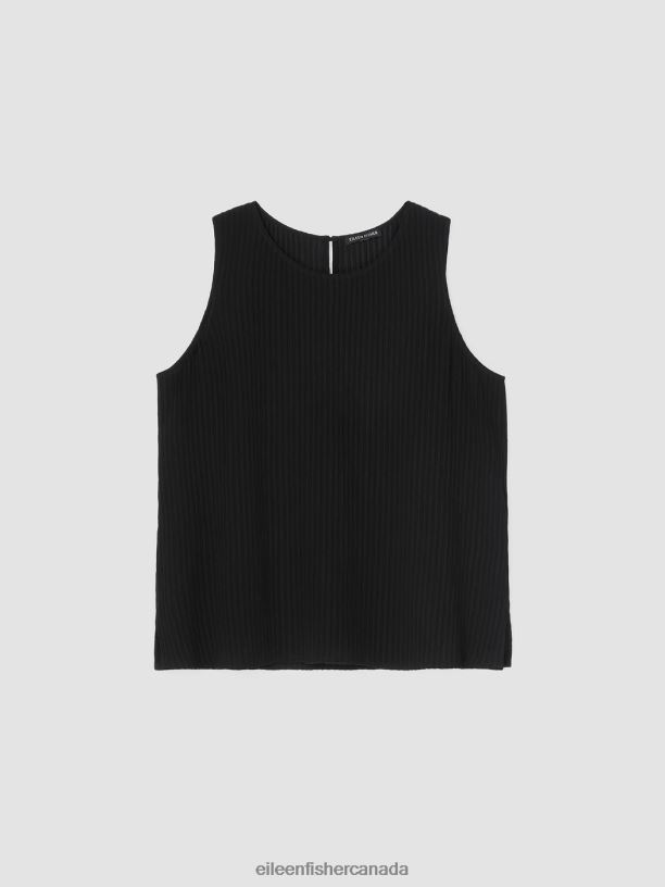 EILEEN FISHER Accordion Silk Jacquard Round Neck Tank Easy Fit Short Length Women BLACK Clothing 024FN29