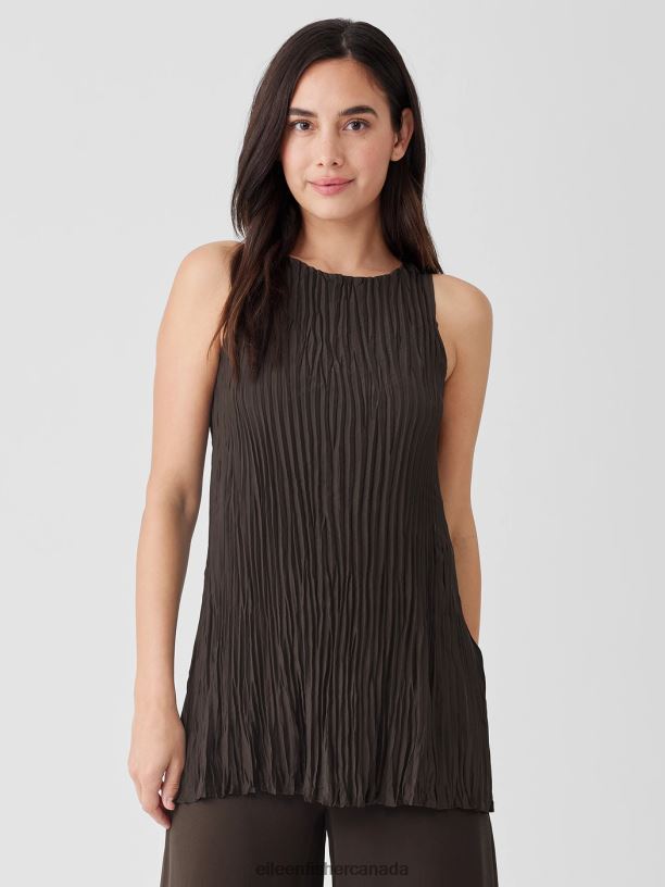 EILEEN FISHER Crushed Silk Long Tank Easy Fit Thigh Length Women ESPRESSO Clothing 024FN14