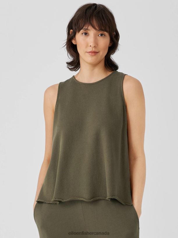 EILEEN FISHER Lightweight Organic Cotton Terry Tank Easy Fit Basic Length Women OLIVE Clothing 024FN60