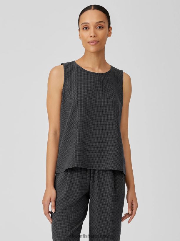 EILEEN FISHER Mini Check Crepe Round Neck Tank Easy Fit Short Length Women METEOR Clothing 024FN40