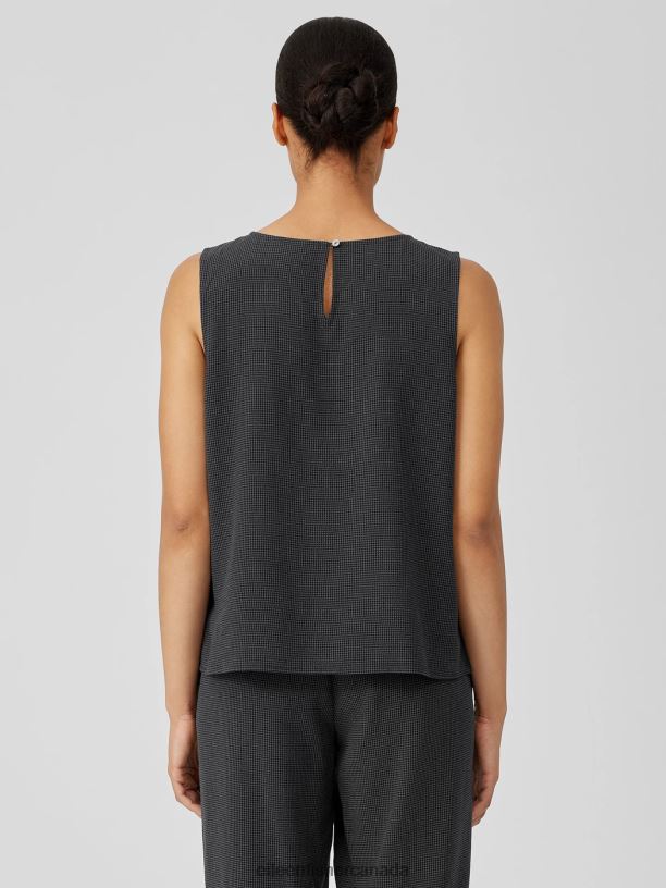 EILEEN FISHER Mini Check Crepe Round Neck Tank Easy Fit Short Length Women METEOR Clothing 024FN40