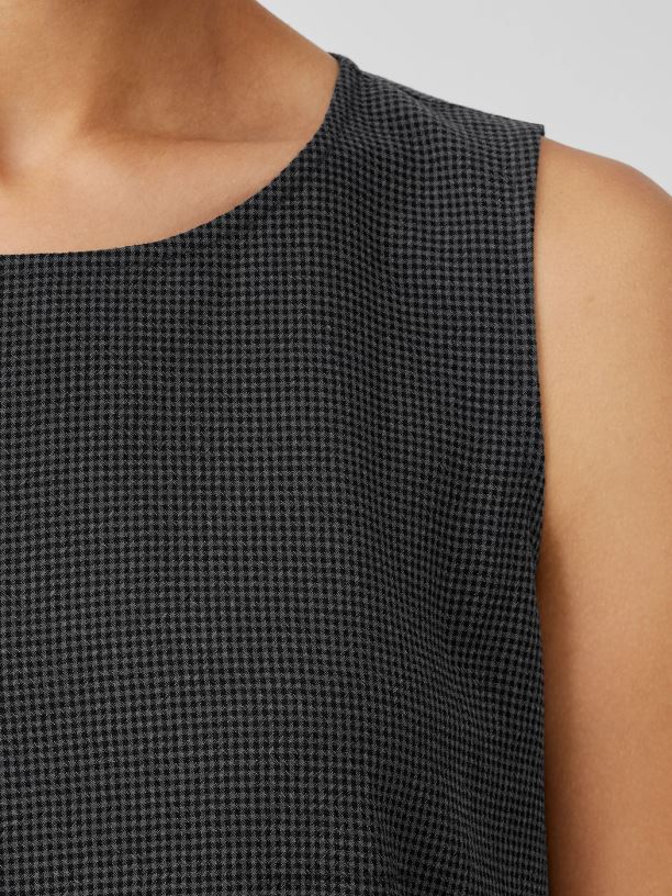 EILEEN FISHER Mini Check Crepe Round Neck Tank Easy Fit Short Length Women METEOR Clothing 024FN40