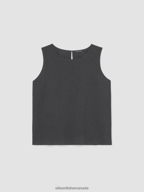 EILEEN FISHER Mini Check Crepe Round Neck Tank Easy Fit Short Length Women METEOR Clothing 024FN40