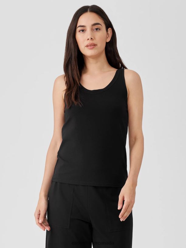 EILEEN FISHER Pima Cotton Stretch Jersey Scoop Neck Tank Slim Fit Basic Length Women BLACK Clothing 024FN5