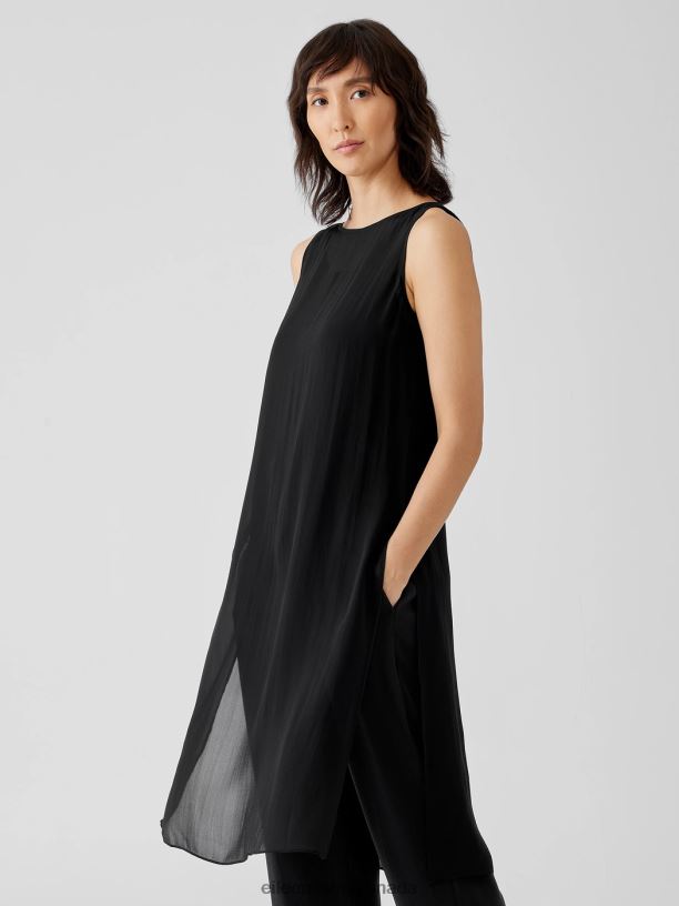 EILEEN FISHER Sheer Silk Georgette Bateau Neck Top Easy Fit Calf Length Women BLACK Clothing 024FN41