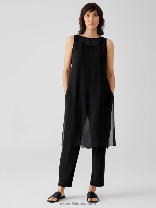 EILEEN FISHER Sheer Silk Georgette Bateau Neck Top Easy Fit Calf Length Women BLACK Clothing 024FN42