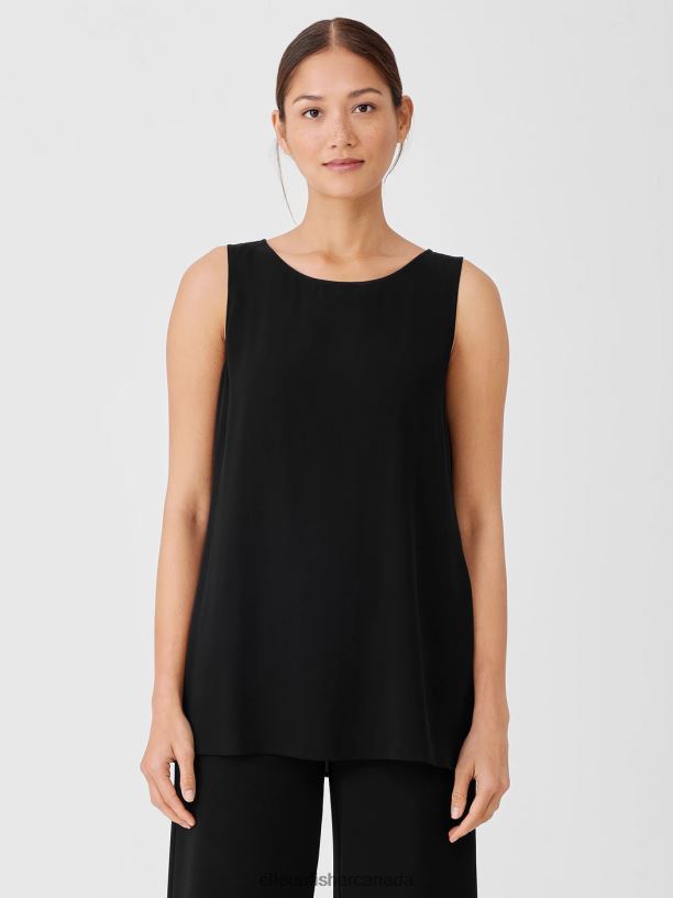 EILEEN FISHER Silk Georgette Crepe Ballet Neck Tank Easy Fit Long Length Women BLACK Clothing 024FN16