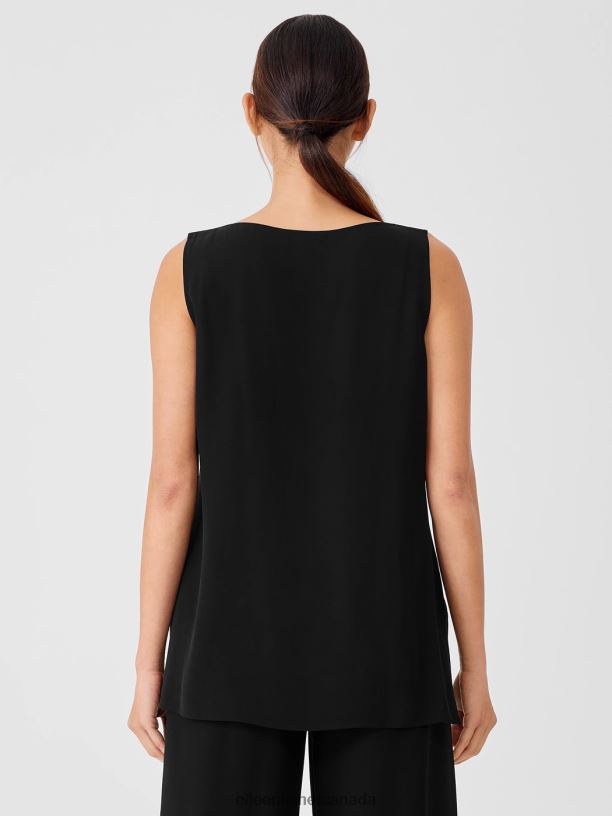 EILEEN FISHER Silk Georgette Crepe Ballet Neck Tank Easy Fit Long Length Women BLACK Clothing 024FN16