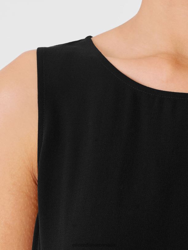 EILEEN FISHER Silk Georgette Crepe Ballet Neck Tank Easy Fit Long Length Women BLACK Clothing 024FN16