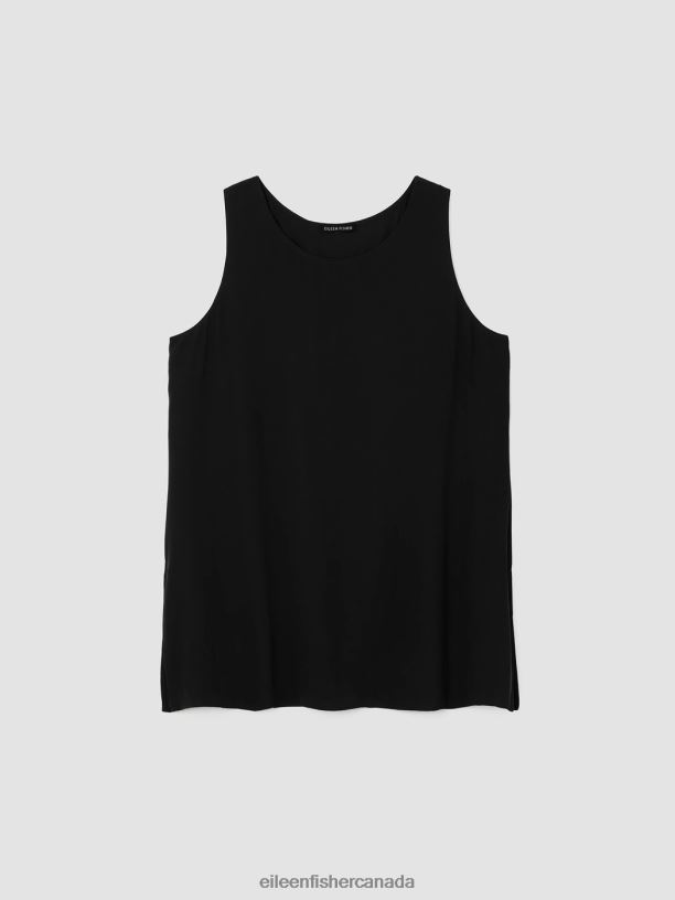 EILEEN FISHER Silk Georgette Crepe Ballet Neck Tank Easy Fit Long Length Women BLACK Clothing 024FN16