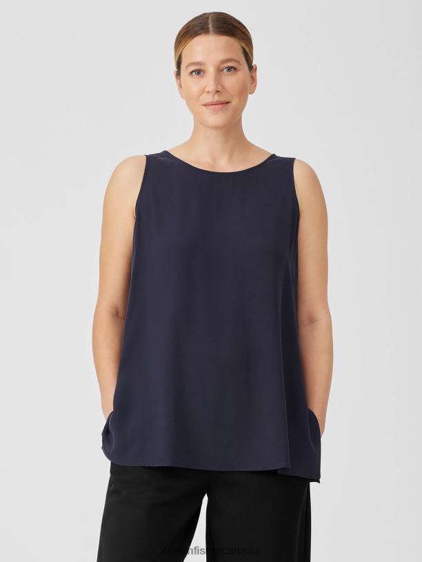 EILEEN FISHER Silk Georgette Crepe Ballet Neck Tank Easy Fit Long Length Women BLACK Clothing 024FN19