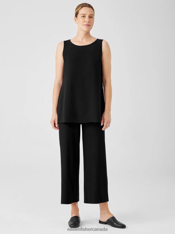 EILEEN FISHER Silk Georgette Crepe Ballet Neck Tank Easy Fit Long Length Women BLACK Clothing 024FN20