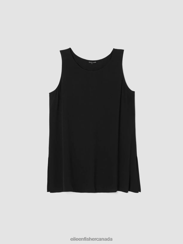 EILEEN FISHER Silk Georgette Crepe Ballet Neck Tank Easy Fit Long Length Women BLACK Clothing 024FN20