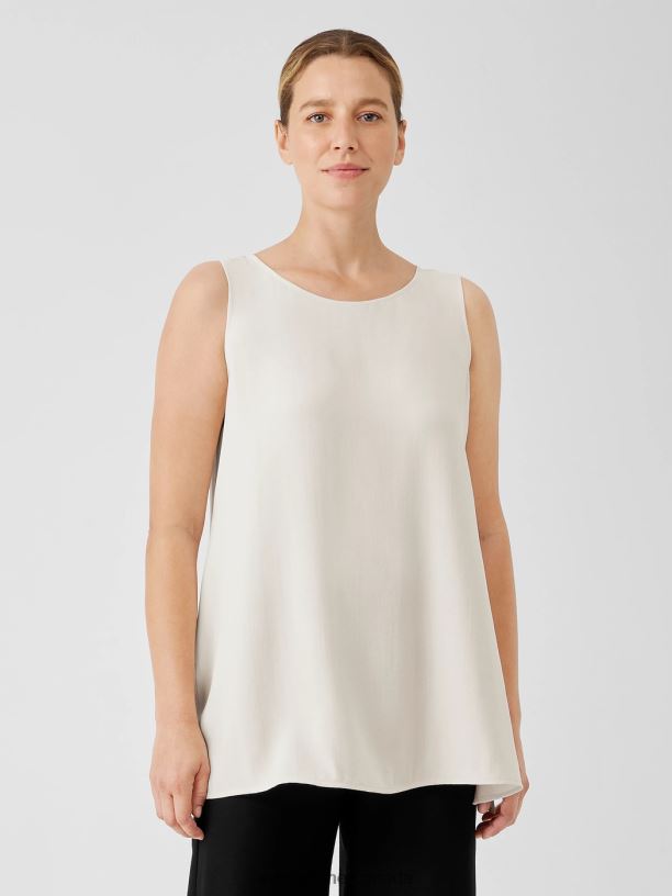 EILEEN FISHER Silk Georgette Crepe Ballet Neck Tank Easy Fit Long Length Women BONE Clothing 024FN21