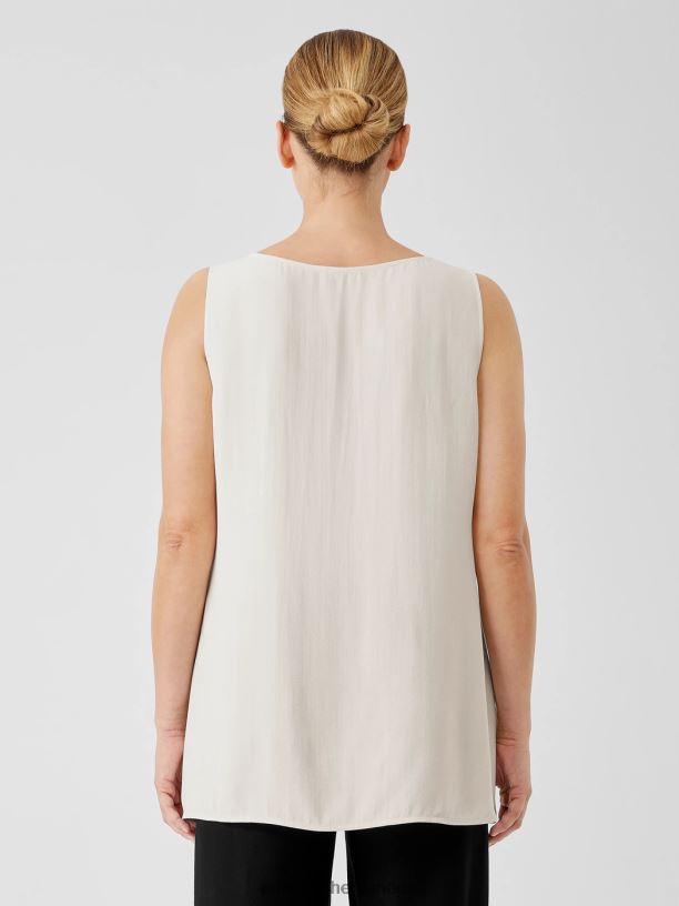 EILEEN FISHER Silk Georgette Crepe Ballet Neck Tank Easy Fit Long Length Women BONE Clothing 024FN21