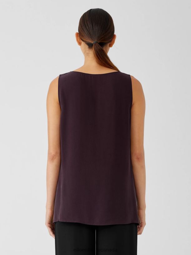 EILEEN FISHER Silk Georgette Crepe Ballet Neck Tank Easy Fit Long Length Women CASSIS Clothing 024FN22