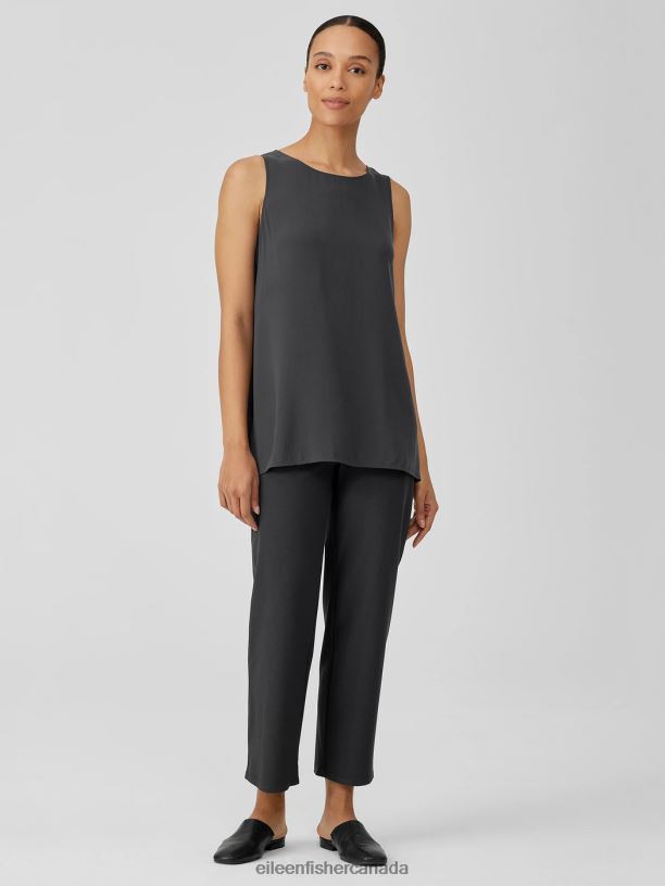 EILEEN FISHER Silk Georgette Crepe Ballet Neck Tank Easy Fit Long Length Women GRAPHITE Clothing 024FN17