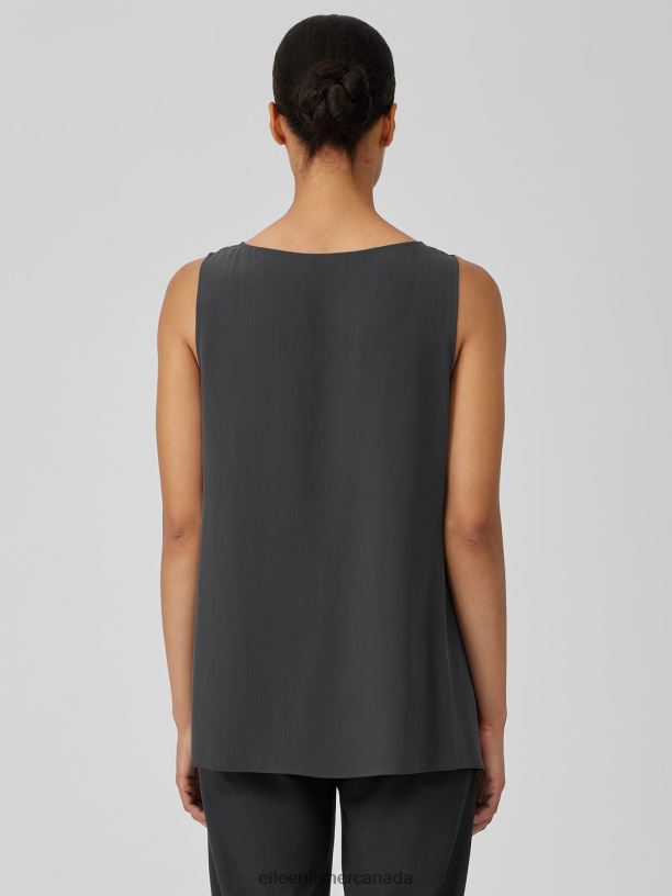 EILEEN FISHER Silk Georgette Crepe Ballet Neck Tank Easy Fit Long Length Women GRAPHITE Clothing 024FN17