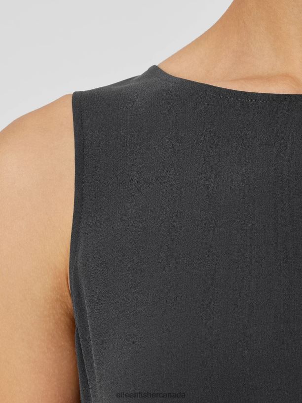 EILEEN FISHER Silk Georgette Crepe Ballet Neck Tank Easy Fit Long Length Women GRAPHITE Clothing 024FN17