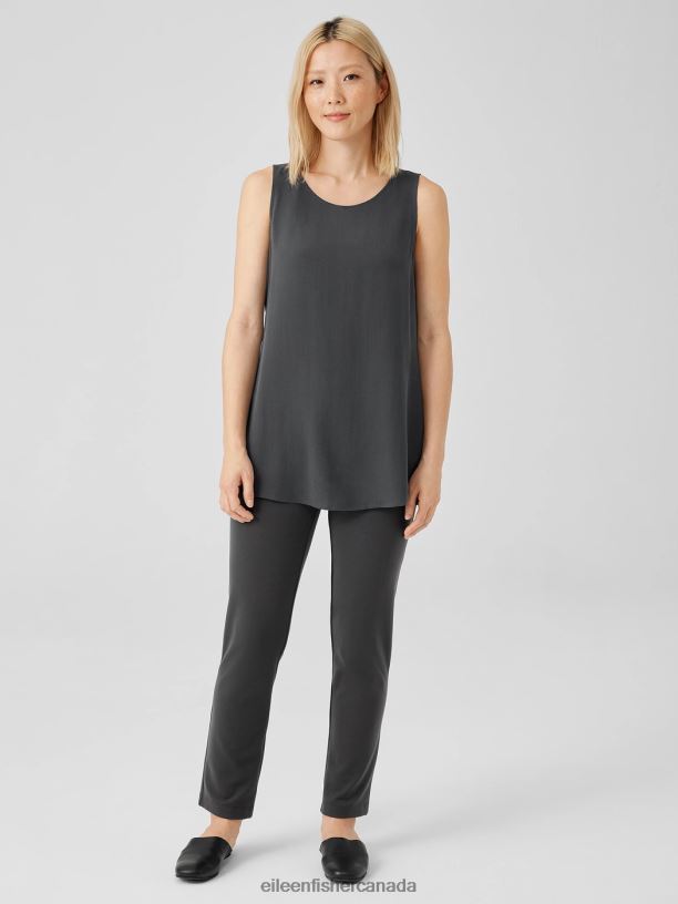 EILEEN FISHER Silk Georgette Crepe Ballet Neck Tank Easy Fit Long Length Women GRAPHITE Clothing 024FN17