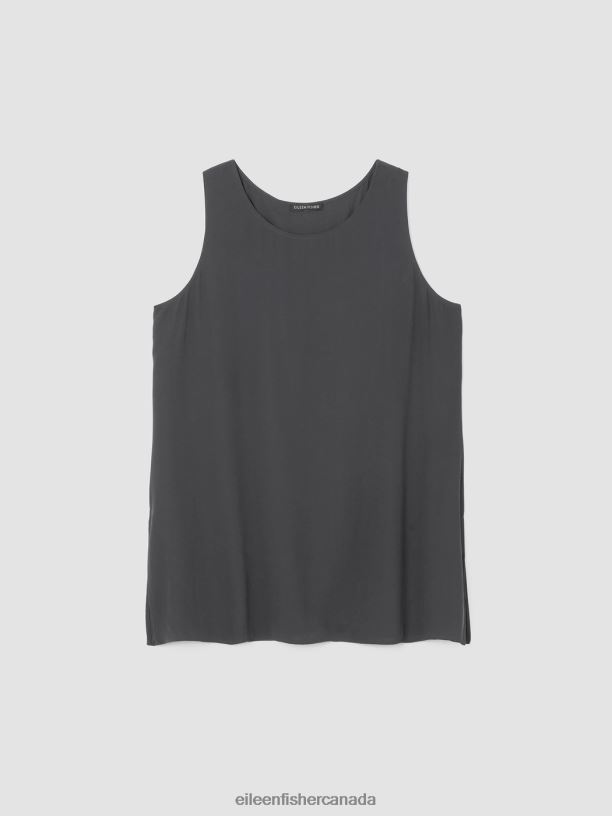 EILEEN FISHER Silk Georgette Crepe Ballet Neck Tank Easy Fit Long Length Women GRAPHITE Clothing 024FN17