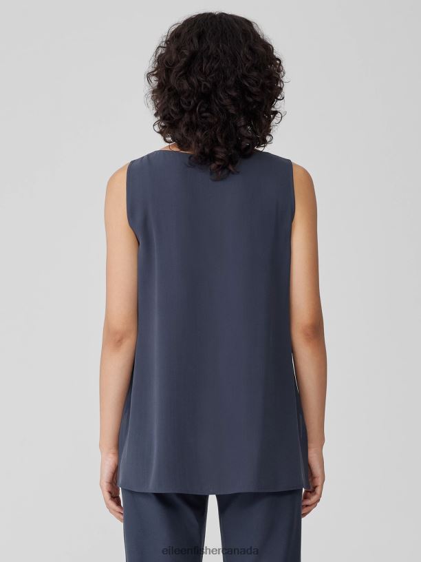 EILEEN FISHER Silk Georgette Crepe Ballet Neck Tank Easy Fit Long Length Women OCEAN Clothing 024FN18