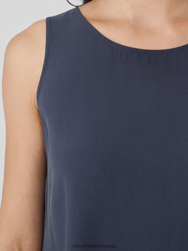 EILEEN FISHER Silk Georgette Crepe Ballet Neck Tank Easy Fit Long Length Women OCEAN Clothing 024FN18