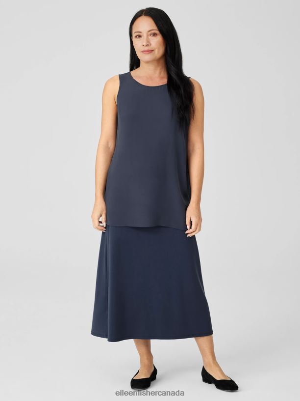 EILEEN FISHER Silk Georgette Crepe Ballet Neck Tank Easy Fit Long Length Women OCEAN Clothing 024FN18