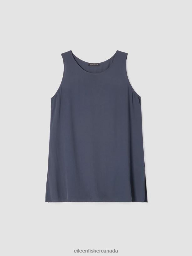EILEEN FISHER Silk Georgette Crepe Ballet Neck Tank Easy Fit Long Length Women OCEAN Clothing 024FN18