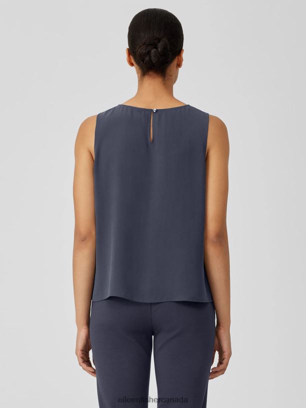 EILEEN FISHER Silk Georgette Crepe Round Neck Tank Easy Fit Short Length Women OCEAN Clothing 024FN28