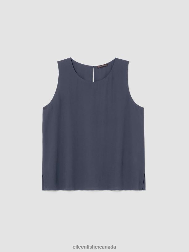 EILEEN FISHER Silk Georgette Crepe Round Neck Tank Easy Fit Short Length Women OCEAN Clothing 024FN28
