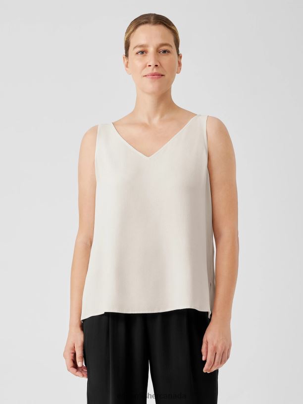 EILEEN FISHER Silk Georgette Crepe V-Neck Top Easy Fit Basic Length Women BONE Clothing 024FN49