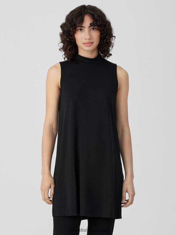 EILEEN FISHER Stretch Jersey Knit Mock Neck Long Tank Easy Fit Thigh Length Women BLACK Clothing 024FN199