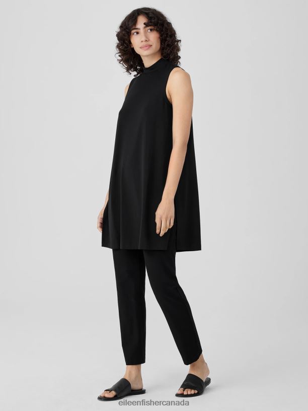 EILEEN FISHER Stretch Jersey Knit Mock Neck Long Tank Easy Fit Thigh Length Women BLACK Clothing 024FN199
