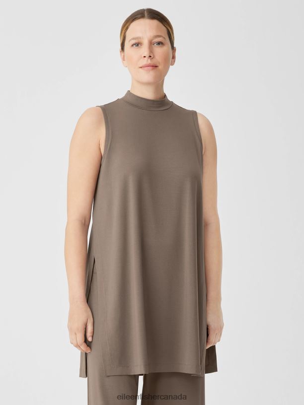 EILEEN FISHER Stretch Jersey Knit Mock Neck Long Tank Easy Fit Thigh Length Women COBBLESTONE Clothing 024FN200