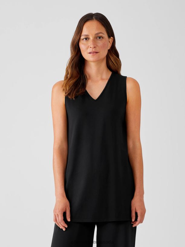 EILEEN FISHER Stretch Jersey Knit V-Neck Tank Easy Fit Long Length Women BLACK Clothing 024FN56