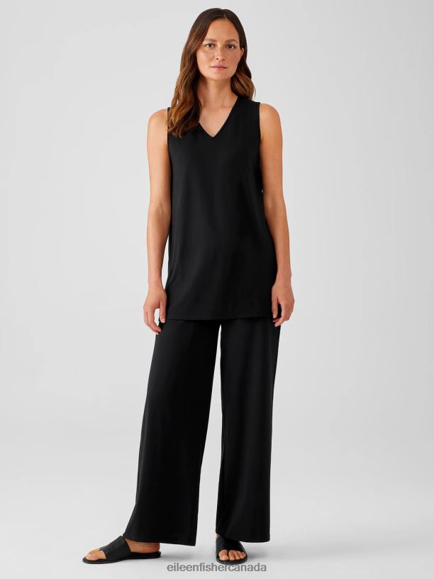 EILEEN FISHER Stretch Jersey Knit V-Neck Tank Easy Fit Long Length Women BLACK Clothing 024FN56