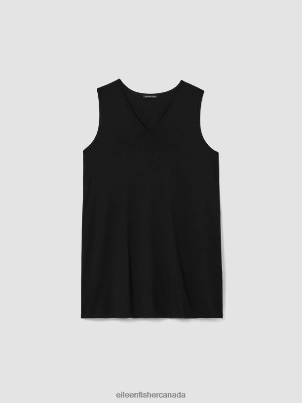 EILEEN FISHER Stretch Jersey Knit V-Neck Tank Easy Fit Long Length Women BLACK Clothing 024FN56