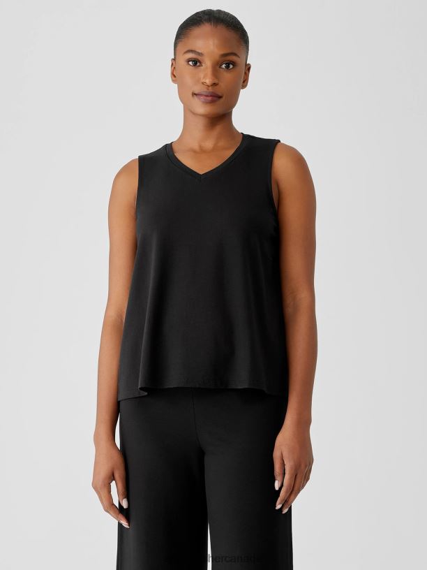 EILEEN FISHER Stretch Jersey Knit V-Neck Tank Easy Fit Short Length Women BLACK Clothing 024FN53