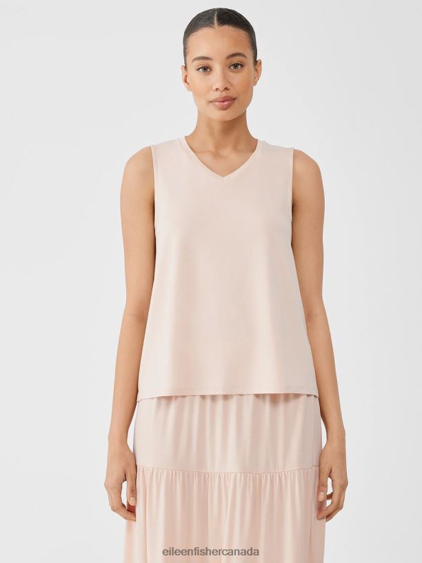 EILEEN FISHER Stretch Jersey Knit V-Neck Tank Easy Fit Short Length Women POWDER Clothing 024FN55