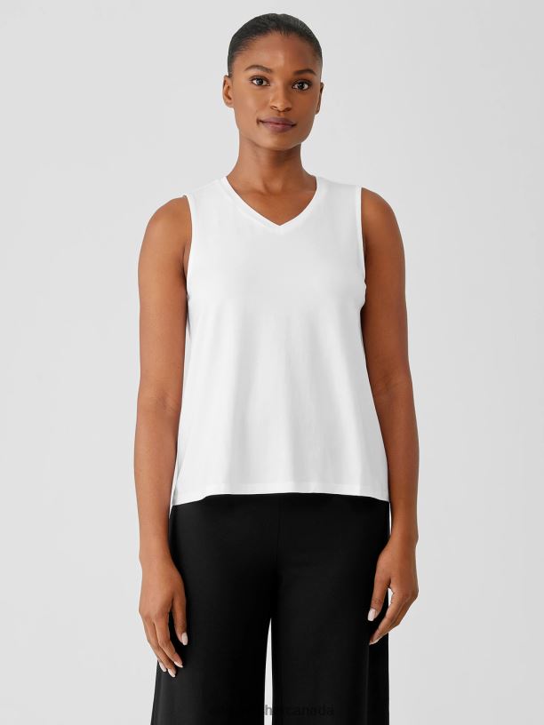 EILEEN FISHER Stretch Jersey Knit V-Neck Tank Easy Fit Short Length Women WHITE Clothing 024FN54
