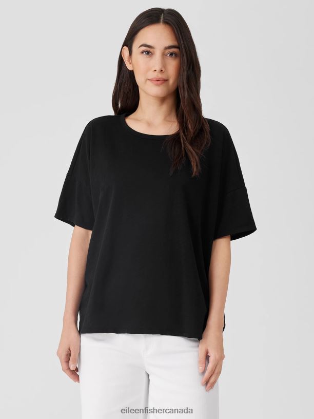 EILEEN FISHER Organic Cotton Slub Crew Neck Tee Boxy Fit Basic Length Women BLACK Clothing 024FN81