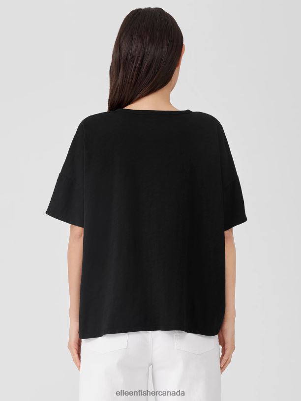 EILEEN FISHER Organic Cotton Slub Crew Neck Tee Boxy Fit Basic Length Women BLACK Clothing 024FN81