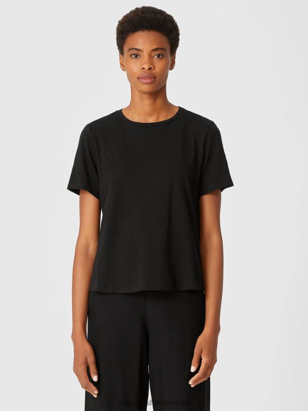 EILEEN FISHER Organic Cotton Slub Tee Easy Fit Basic Length Women BLACK Clothing 024FN345