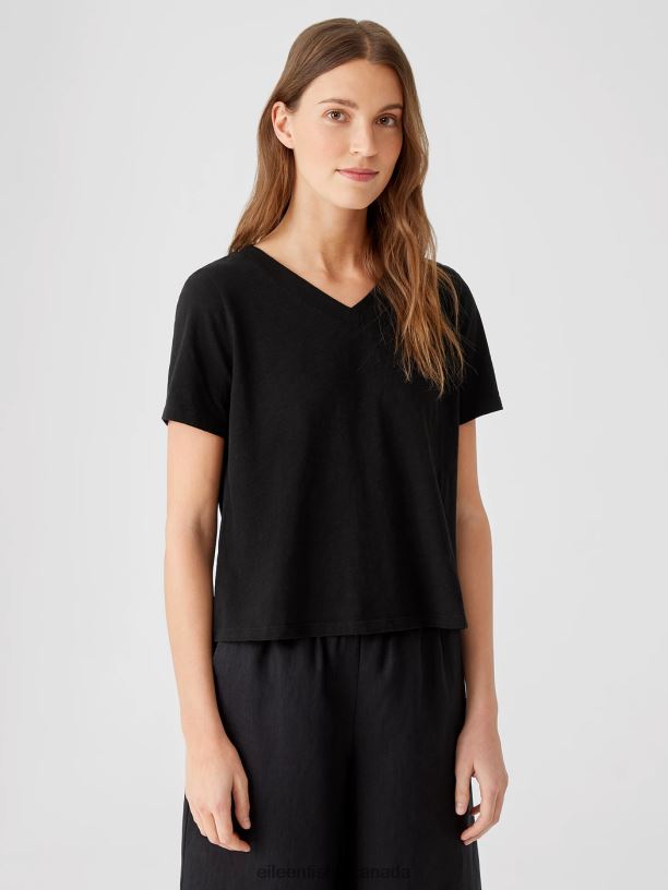 EILEEN FISHER Organic Cotton Slub V-Neck Tee Easy Fit Short Length Women BLACK Clothing 024FN347