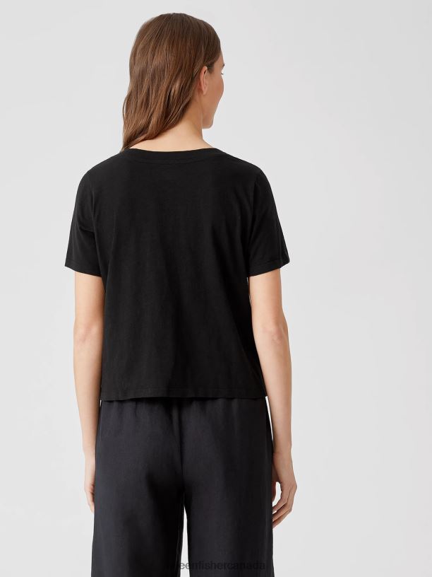 EILEEN FISHER Organic Cotton Slub V-Neck Tee Easy Fit Short Length Women BLACK Clothing 024FN347