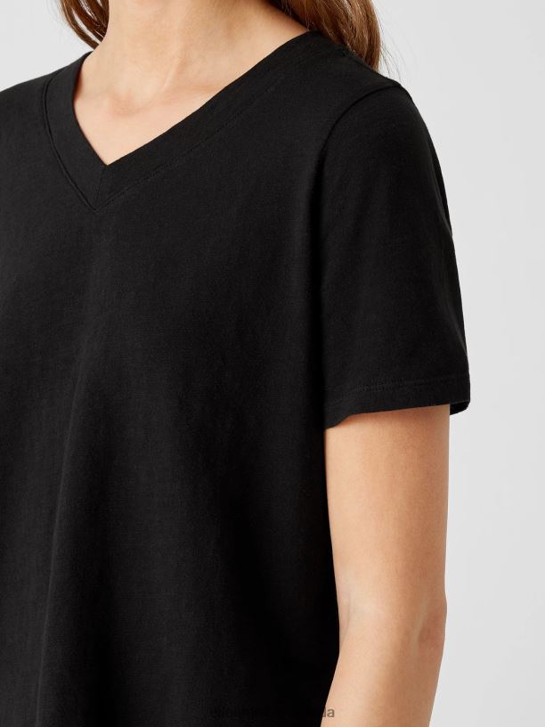 EILEEN FISHER Organic Cotton Slub V-Neck Tee Easy Fit Short Length Women BLACK Clothing 024FN347