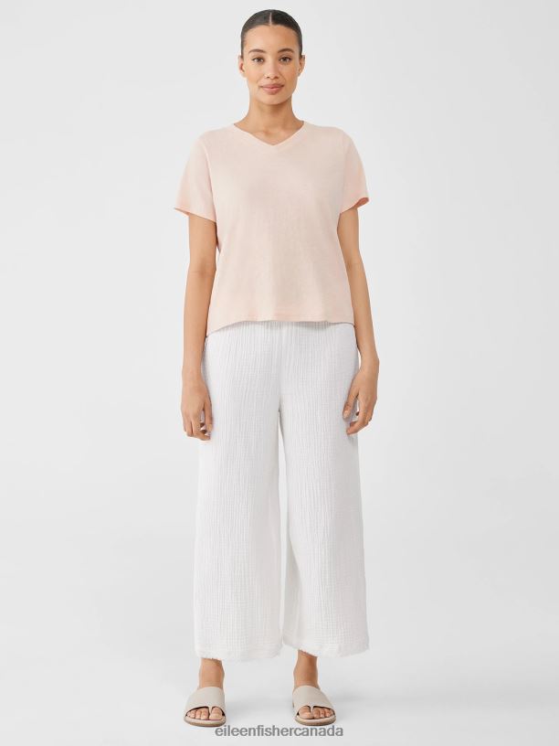 EILEEN FISHER Organic Cotton Slub V-Neck Tee Easy Fit Short Length Women POWDER Clothing 024FN344