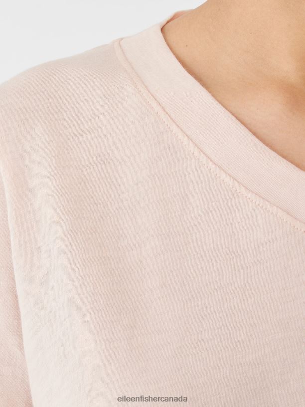EILEEN FISHER Organic Cotton Slub V-Neck Tee Easy Fit Short Length Women POWDER Clothing 024FN344