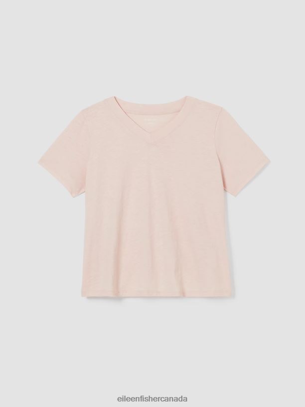 EILEEN FISHER Organic Cotton Slub V-Neck Tee Easy Fit Short Length Women POWDER Clothing 024FN344